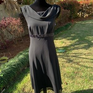 BICE black drape cowl neck sleeveless empire waist beaded fit and flare dress